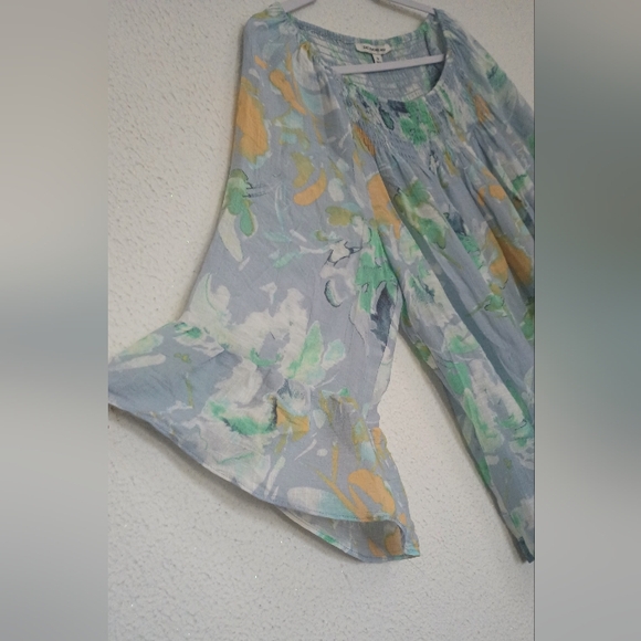 Zack & Rachel Floral Bell Sleeve Boho Peasant Top Size XL Blue Green - Picture 3 of 12